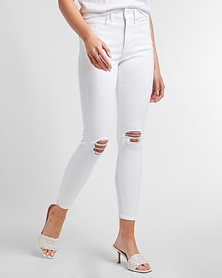 NEW EXPRESS WHITE MID RISE RIPPED STRETCH JEAN ANKLE LEGGINGS JEANS 0R 0